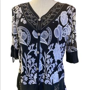 Appointments Black & White Button Down 1/2 Sleeve Floral Blouse